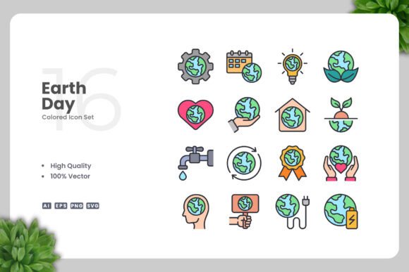 Earth Day Colored Icons for Graphics and Branding